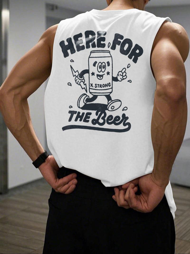 Men's Cartoon Soda Can & Letter Print Round Neck Tank Top, Regular Fit Casual Sleeveless Crew Neck Top for Summer, Fashion Men's Clothes for Daily Wear, Sleeveless Shirt