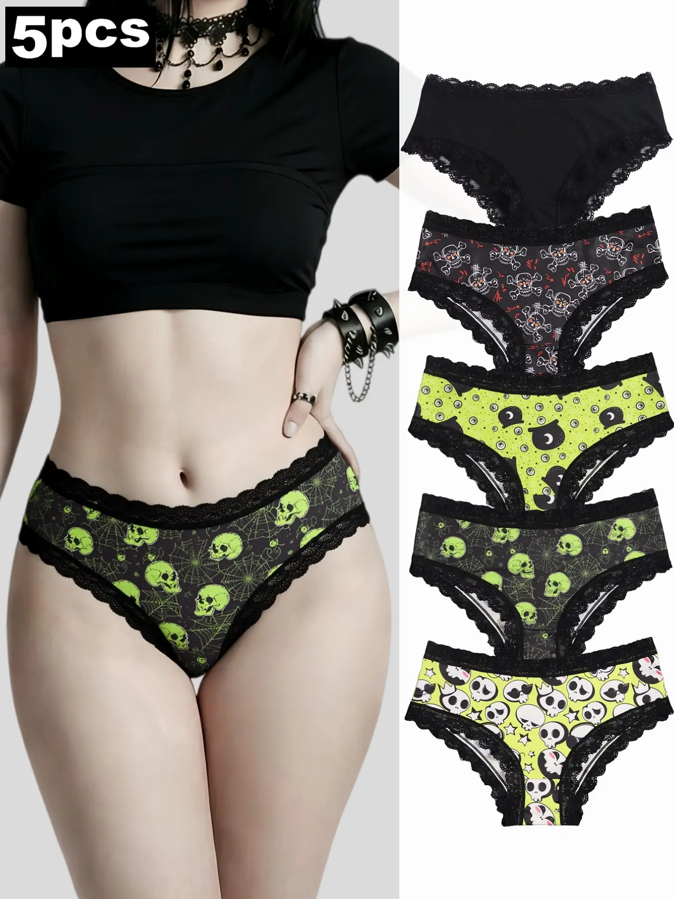 5-Pack Women's Triangle Underwear Set, Lace Trim, Gothic Skull Print, Comfortable Casual Lingerie, Halloween Inspiration, outfitinspo & baddie & halloween & lingerie & theboys, Contrast Lace Panty, Intimates Panties