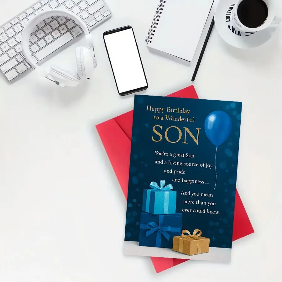 Happy Birthday to a Wonderful Son Card, Includes Gift Boxes and Balloon, Perfect for Sons' Special Day, Quality Paper Celebration Card