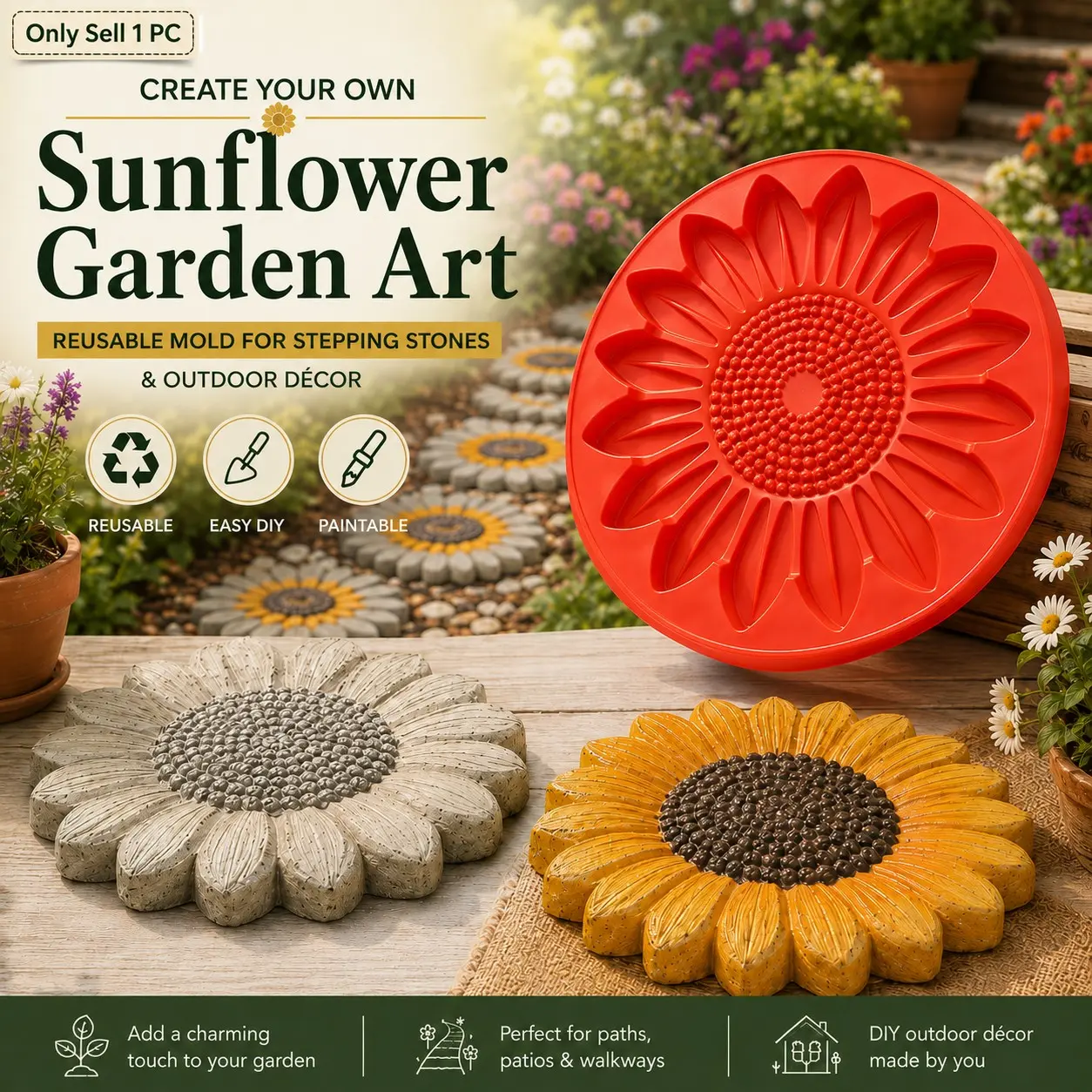 Reusable Sunflower Stepping Stone Mold, DIY Concrete Pathway Mold for Garden Patio, Make Your Own Decorative Garden Step Stones, Floral Paver Tool for Walkway, Yard and Backyard Landscaping