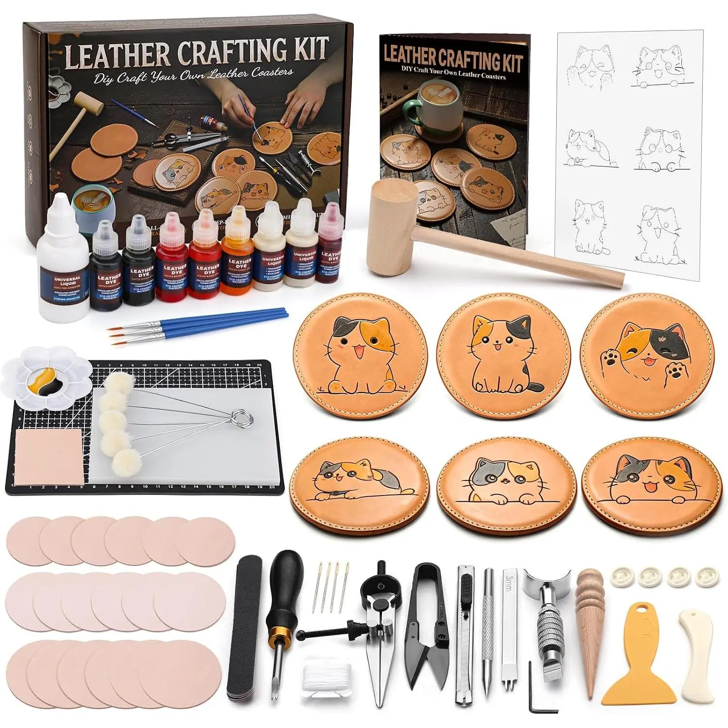 Leather Crafting Kit, Leather Working Tools, Coaster Making Kit | Leather Making Kit for Beginners Carving  Punching Dyeing Sewing, Crafting Coasters for  Bar Decoration