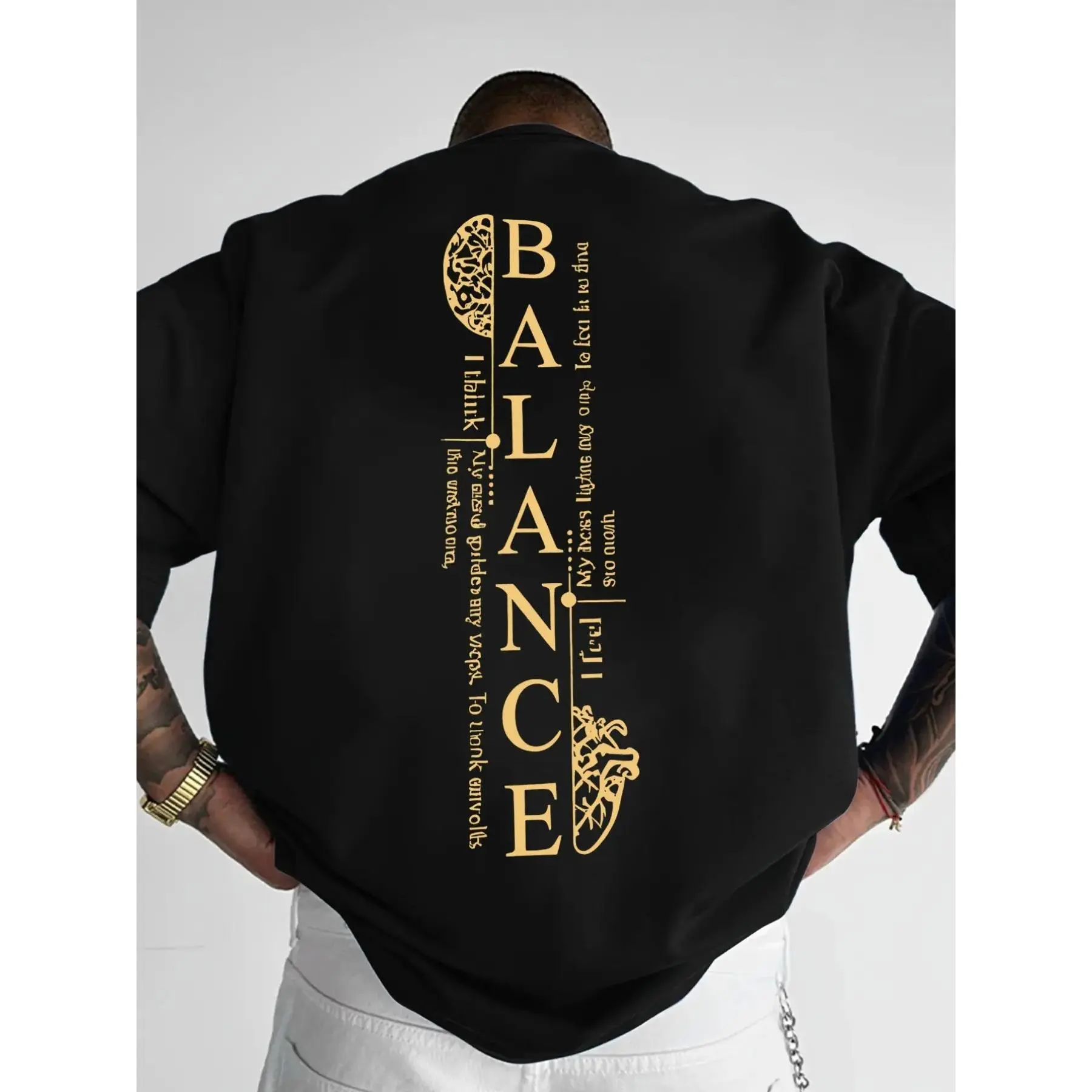 Men's BALANCE Graphic Oversized T-Shirt, Minimalist Front Letter & Artistic Back Print Tee, Streetwear Casual Short Sleeve Top, Curved Hem Design, Soft Cotton Loose Fit Crewneck Shirt, Viral TikTok Minimalist Fashion Essential