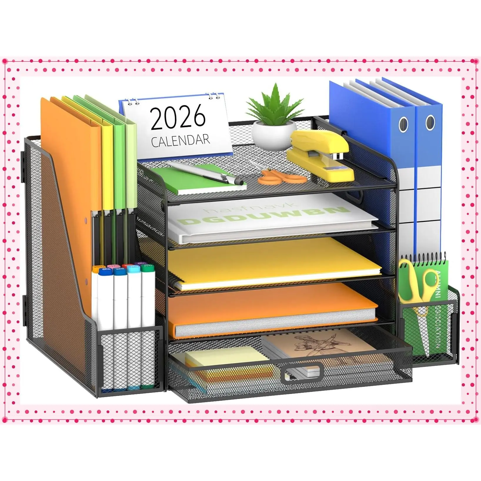 Mesh Desk Organizer with File Holder, 5-Tier Paper Letter Tray with Magazine Holder, Desktop Storage with Drawer, Two Side Magazine Holders and Bottom Drawer for Office Supplies Home or School (Black)Gift