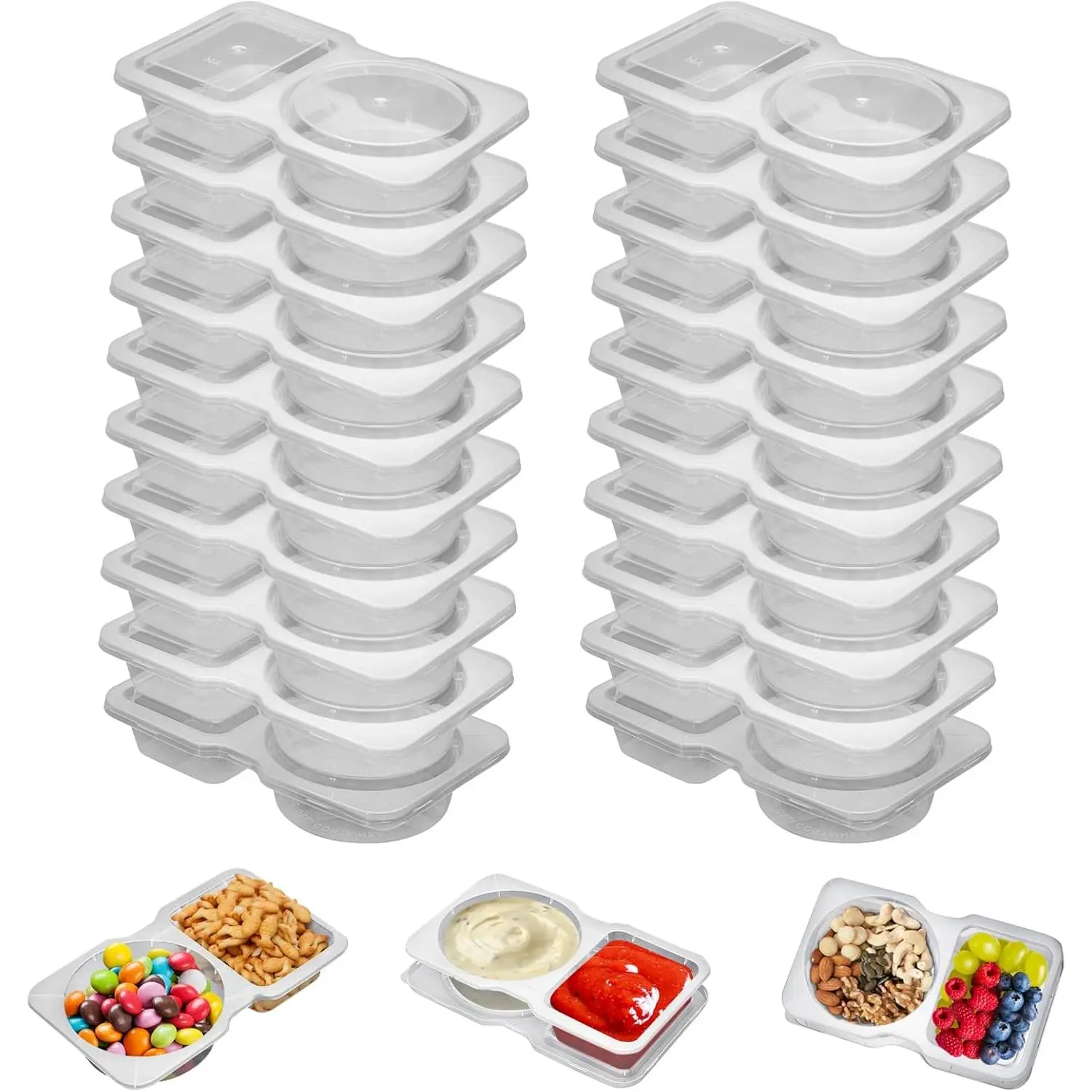20 Set Reusable 2-Compartment Snack Containers with Lids, Leakproof Dipping Sauce Cups for Kids School Lunch, Portion Control Meal Prep Food To-Go Cases, Fridge & Travel Friendly Dressing Pots