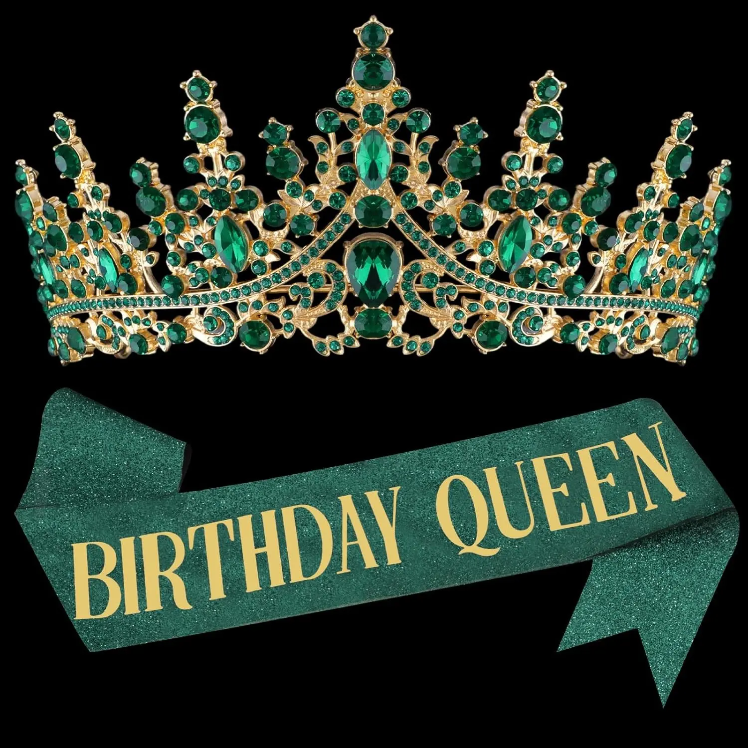 Green Birthday Queen Sash for Women Happy Birthday Crowns Princess Tiaras Sashes for Girl Crystal Party Decorations Rhinestone Headband Supplies Decor(Gift)