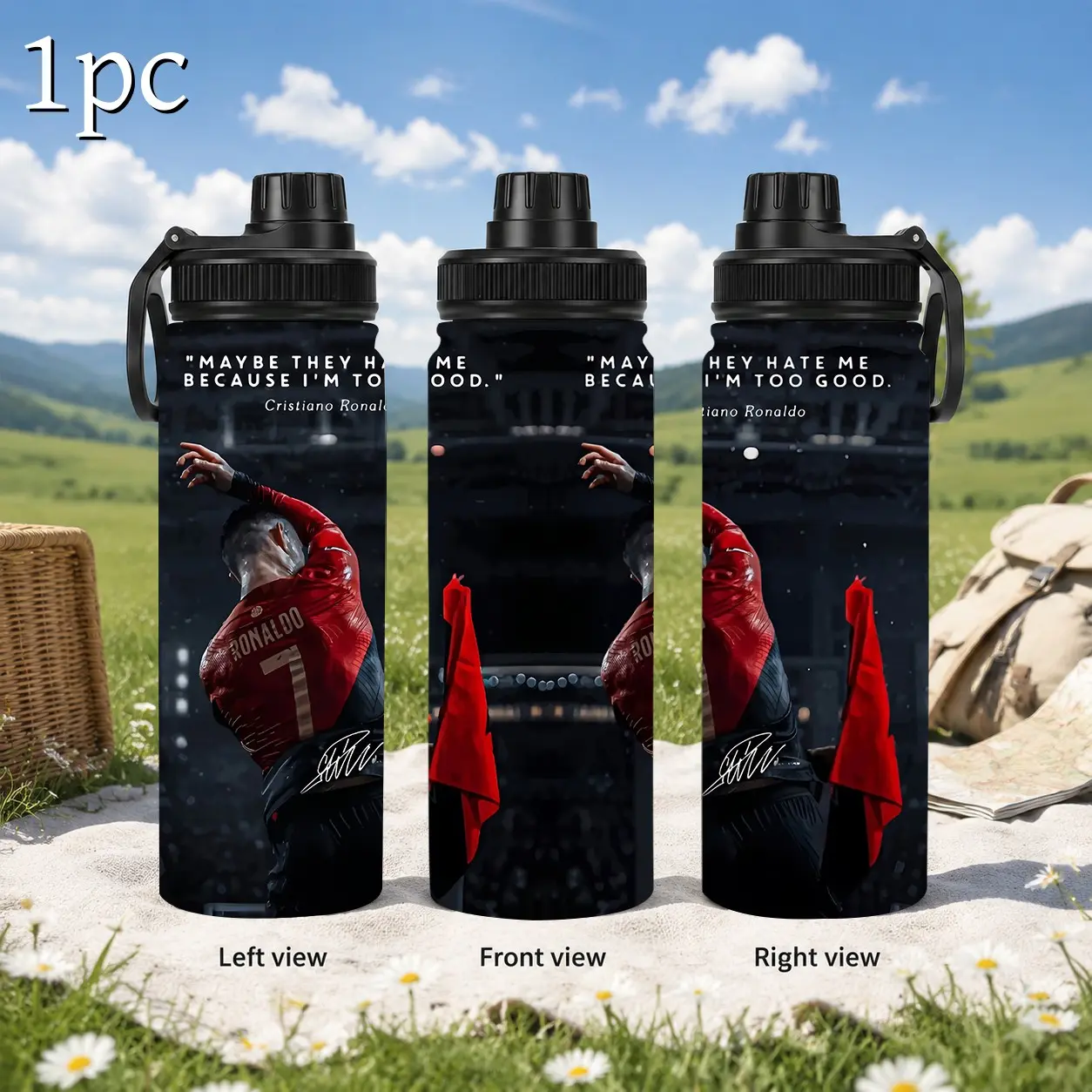 1pc 20oz Cristiano Ronaldo Football Graphic Insulated Water Bottle, Portable Stainless Steel Thermos with Carry Loop, Leak-Proof Travel Cup, Reusable Drinkware, Perfect Soccer Gift for Fans