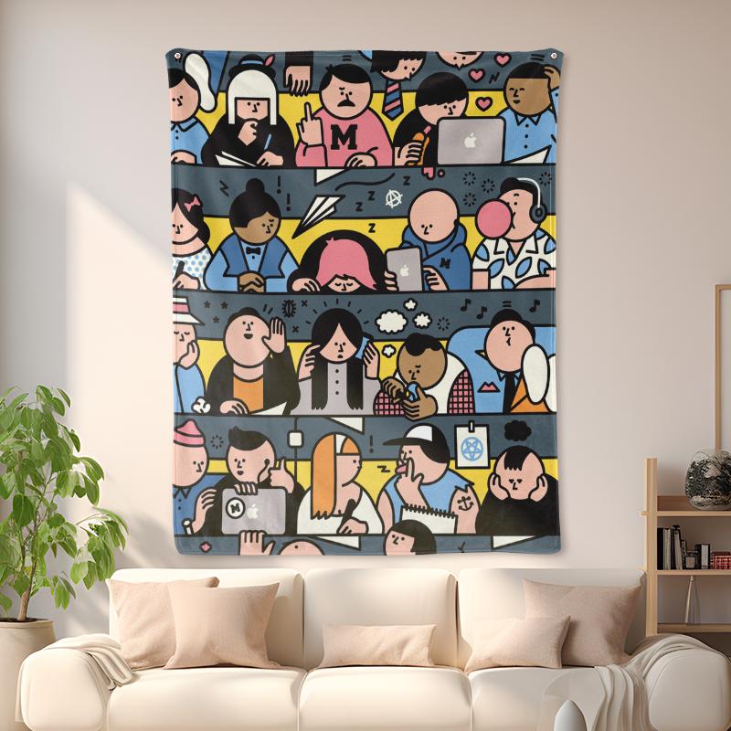 Soft Flannel Throw Blanket, Cute Commuter & Office Worker Cartoon Illustration Art Blanket, Cozy Daily City Life Crowd Scene Throw Blanket for Couch Bed, Aesthetic Urban Worker Decorative Blanket Gift for Home & Travel