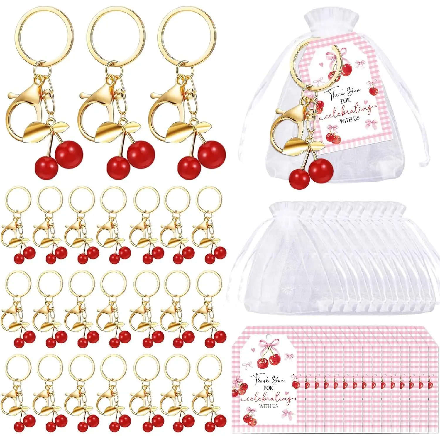 30 Sets Cherry Keychain Party Favors, Cherry Themed Gifts Bulk-Cherry Keyring with Thank You Cards & Organza Bags for Baby Shower Wedding Birthday Guest Gift, Party Decorations
