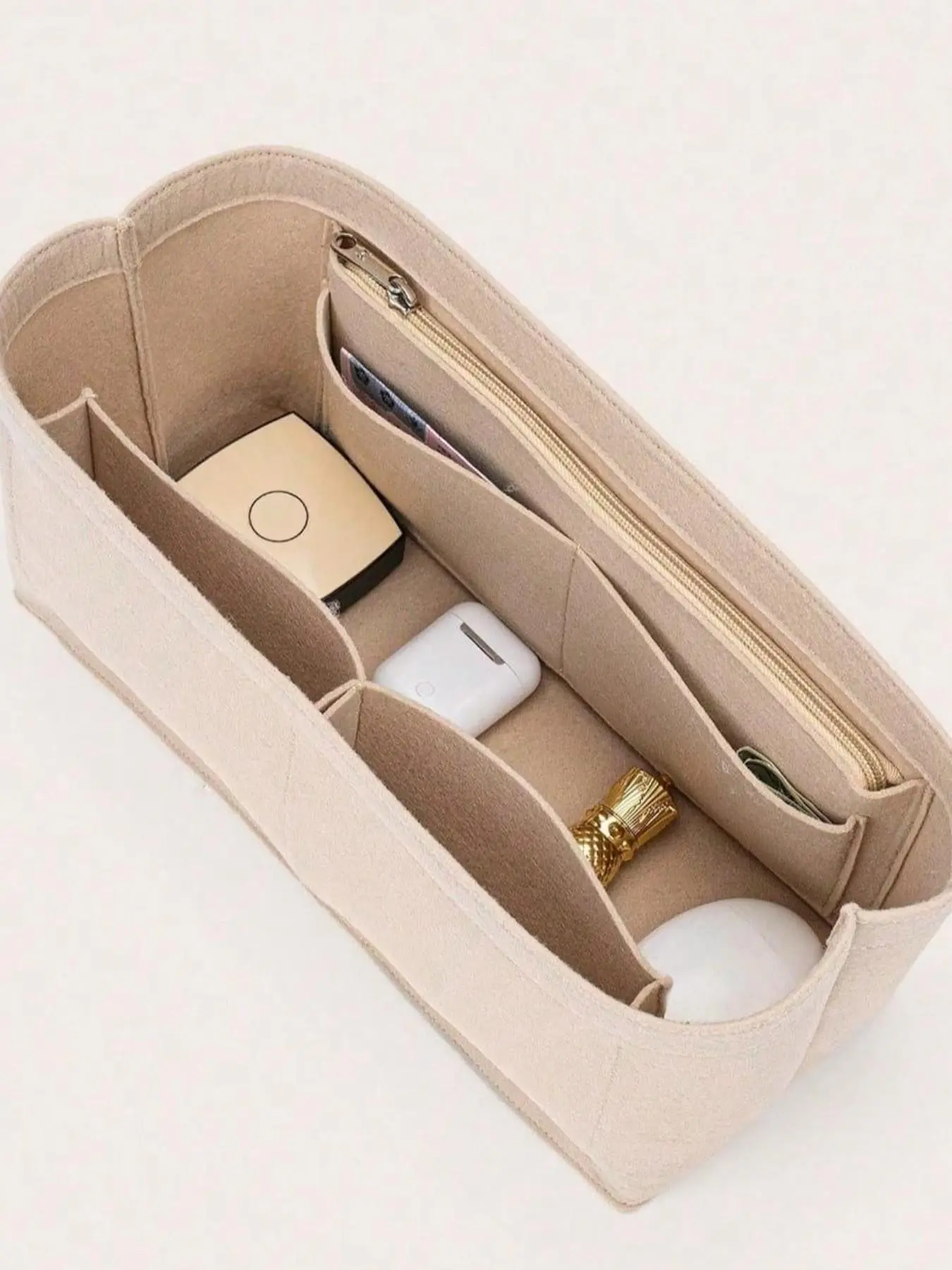Felt Tote Bag Organizer, Zippered Compartments, Multi-Section Card Slots, Shape Retainer Liner, Fits Various Handbags, Daily Use, Travel Storage, Purse Organizer Insert