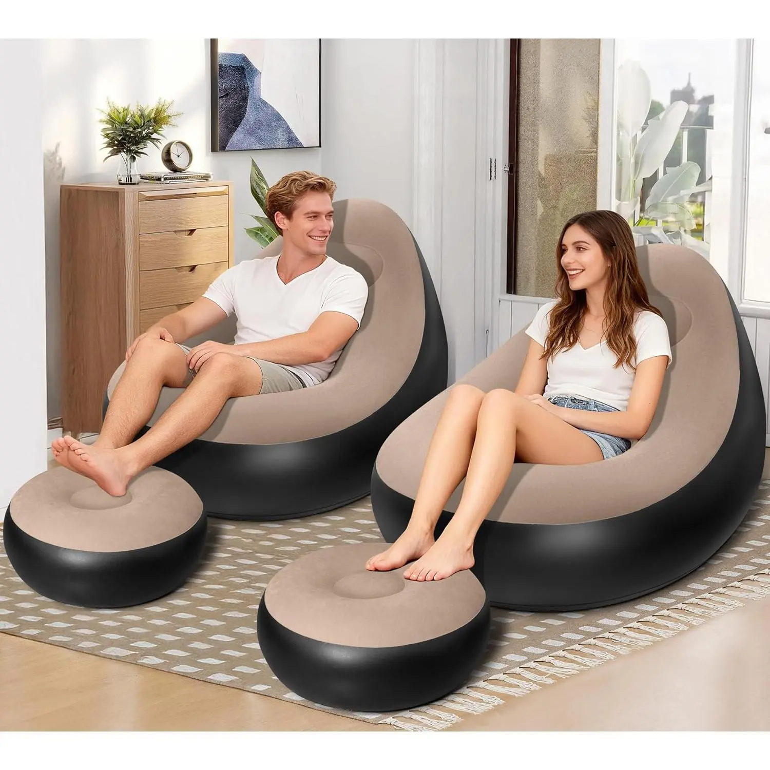 Inflatable Chair for Adults,Portable Inflatable Chairs with Ottoman |   Flocked Surface inflatables Couch,Waterproof Blow Up chair,Comfortable inflatable Couch for Camping,Gaming (Without Pump) 2PK
