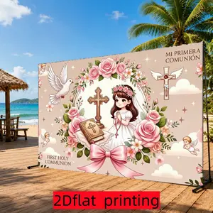 2D Flat Banner for First Communion, Spanish Text, Robe, Rose Garland, Angel Elements, Church Ceremony Decor, Polyester Material