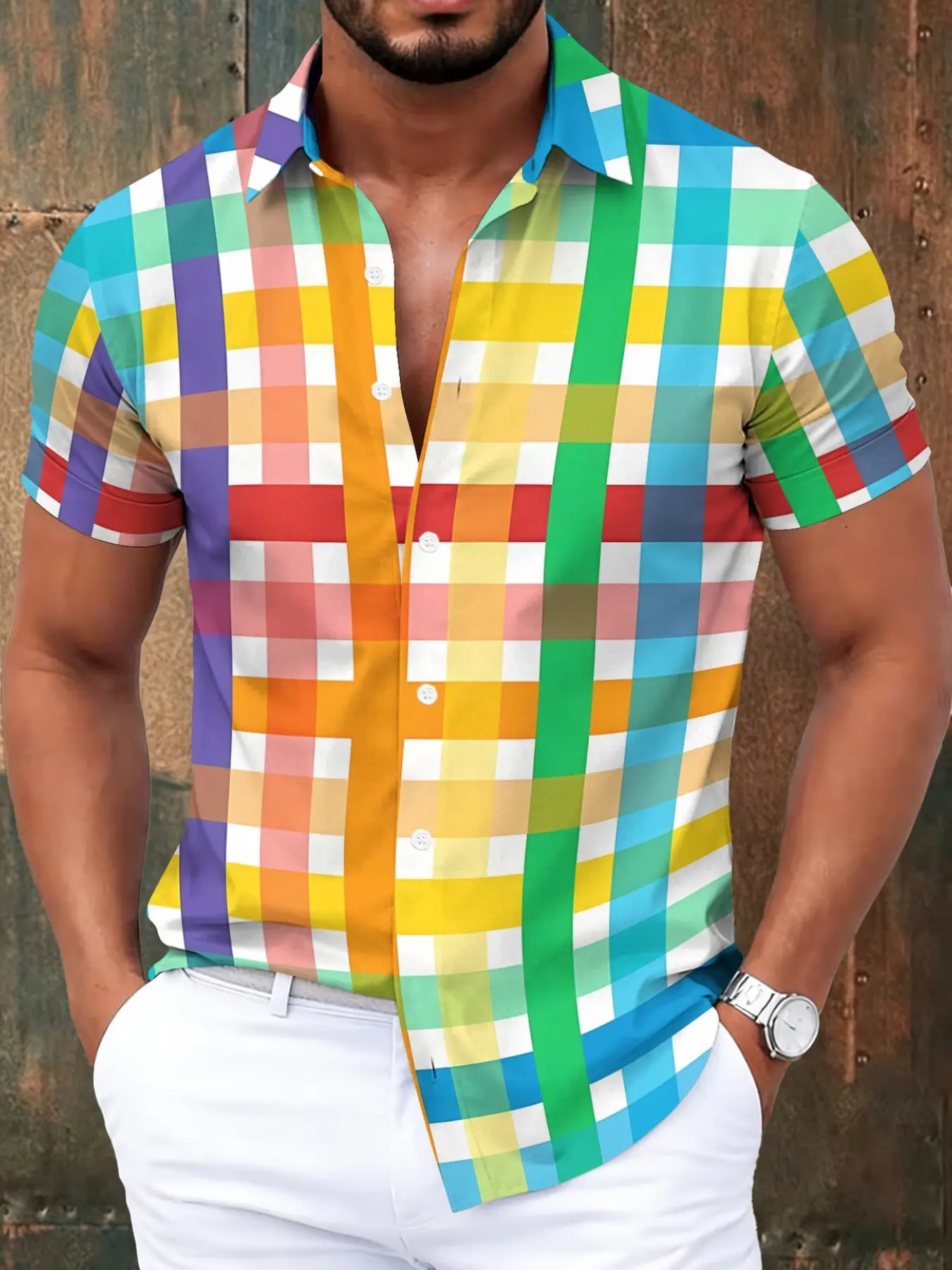 Men's Colorful Plaid Short Sleeve Button Collared Casual Checkered Shirt, Aesthetic Shirt, Summer Casual Lightweight Top, Fashion Men's Clothing, Slim-Fitting, Graphic Pattern