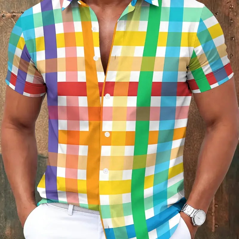 Men's Colorful Plaid Short Sleeve Shirt, Casual Button Collared, Summer Casual Lightweight Top, Fashion Men's Clothing, Slim-Fitting, Graphic Pattern