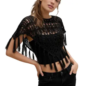 Women's Hollow Out Knit Shawl Wrap with Tassels Solid Color Lightweight Crochet Poncho Cape