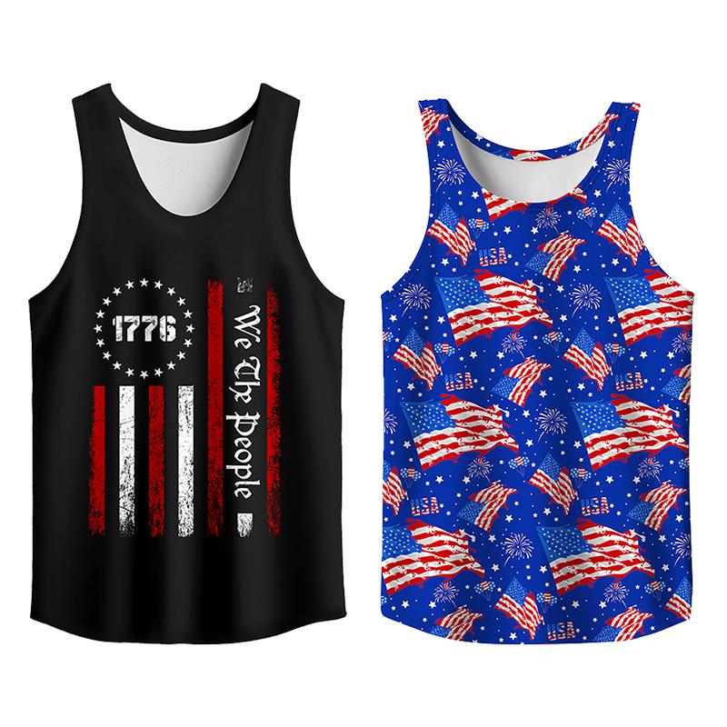 Y2K 2 Pack USA Flag Graphic Tees, Menswear Tank Top Slim Fit Apparel, Big and Tall Gym Workout Running Tee, Comfy Casual Sleeveless