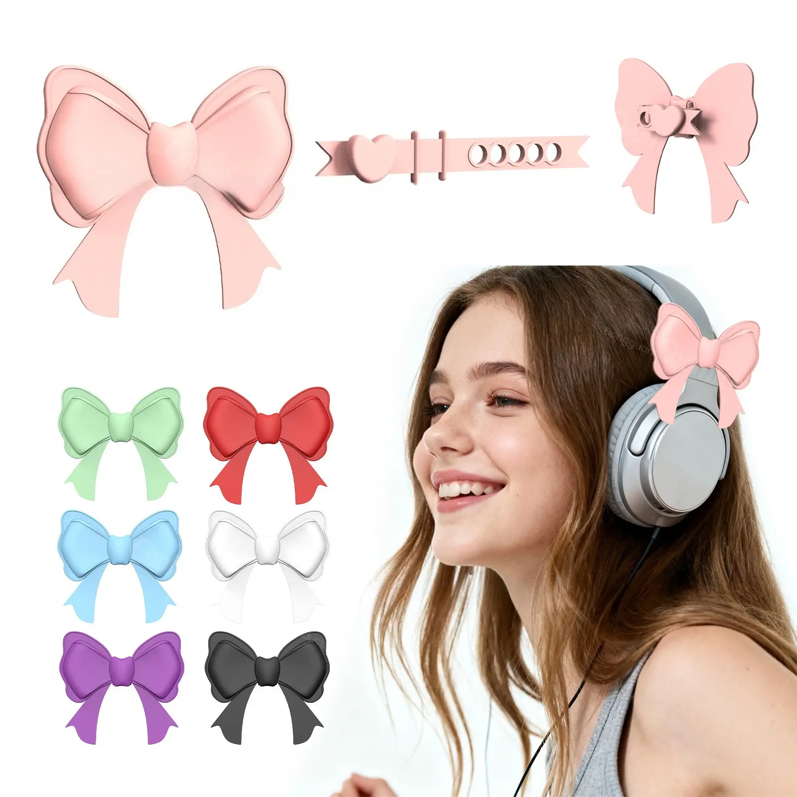 2 Pcs Pink Silicone Bows for Headphones – Cute Adjustable Headset Accessories Kawaii Gaming Gear Charm Decoration for Women, Soft Elastic Headband Ornaments for Most Headsets
