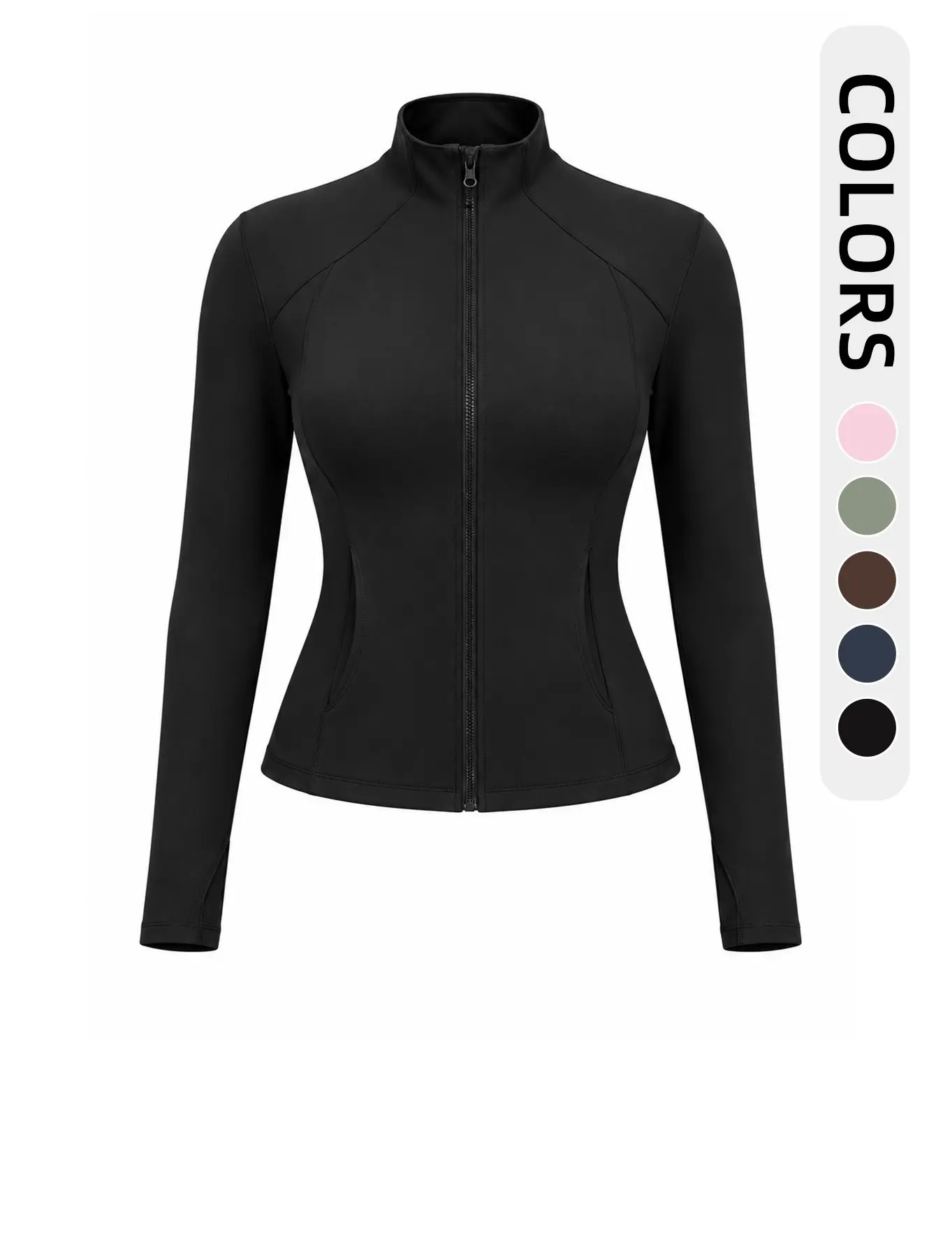 Women's Solid Thumb Hole Design Zip Up Sports Jacket, Breathable Long Sleeve Zip Front Outerwear for Gym Workout Running, Ladies Sportswear for All Seasons