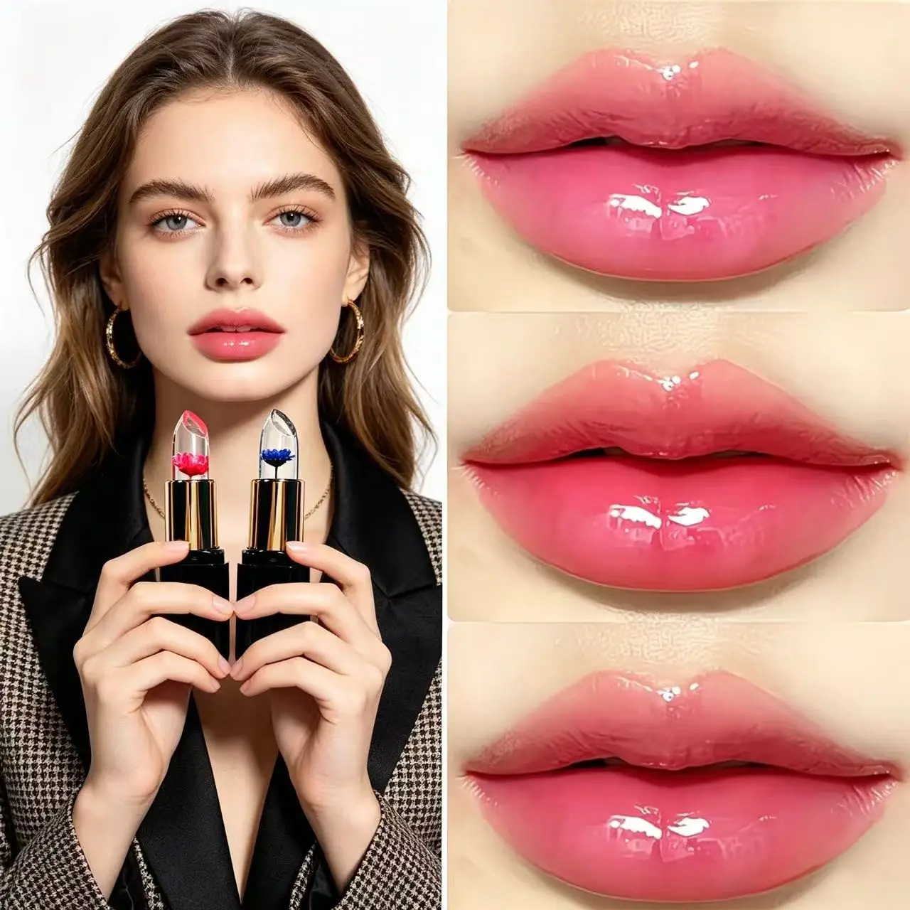 Clear Crystal Dried Flower PH Color Changing Lipstick,Hydrating Plumping Non-drying Longwear Lip Tint, Auto Shift Natural Pink Shade Based On Lip PH, Pretty Floral Design Portable Lip Care Cosmetic, Repair Chapped Lips For Fresh Lip Daily Makeup Look