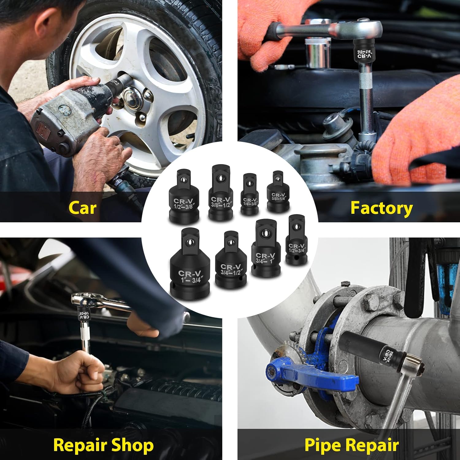 6 Piece Impact Socket Adapter Set, Standard SAE, 1/4, 3/8, 1/2" Cr-V Steel Impact Driver & Wrench Conversion Kit Socket Reducer, Locking Socket Adapter Set