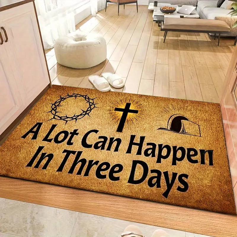 Flannel Floor Mat "Many Things Happen" Christian Symbol Rug - Cross, Thorns Crown and Barbed Wire Design, 7mm Thick Soft Polyester, Machine Washable, Suitable for Indoor and Outdoor Use, Ideal for Kitchen, Living Room, Office - Father's Day Graduation Gif