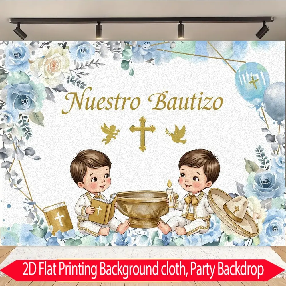 2D Flat banner 1pc Spanish christening theme banner Blue rose cartoon elements Religious ceremony layout, christening party background decoration, religious event background cloth Polyester Indoor and outdoor