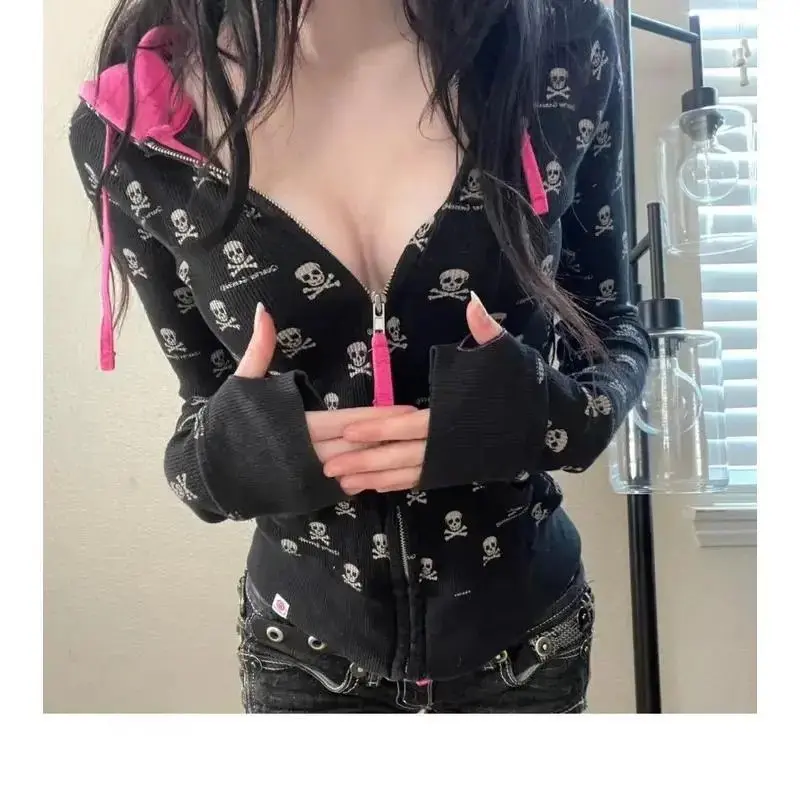 Hoodies Y2k Clothes Skull Punk Hot Girl Slim Zip-up Hooded Coat Gothic 2000s Streetwear Woman Top Outdoor Hoody Harajuku Vintage