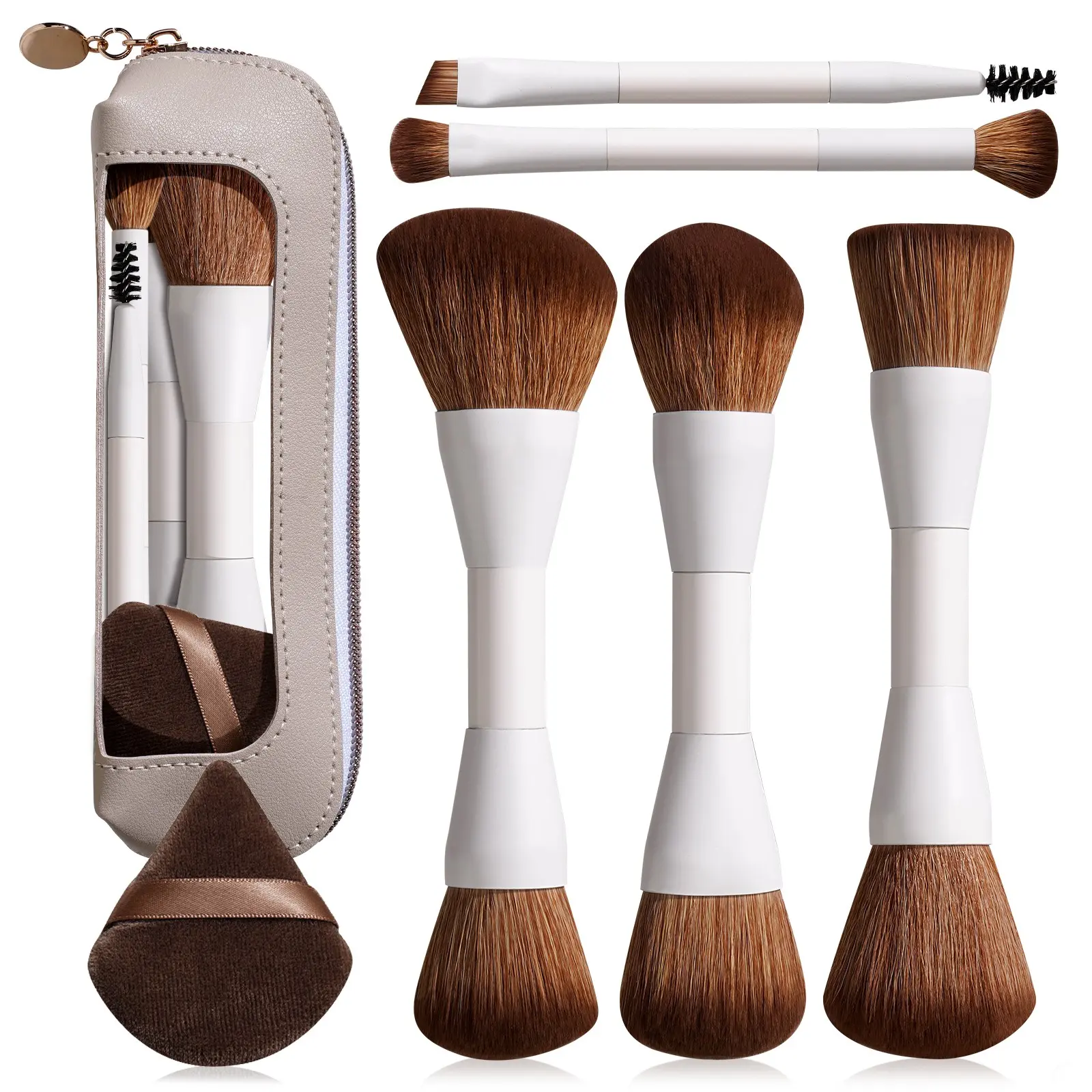 6Pcs Travel Makeup Tools Set, 5Pcs Double Ended Brushes for Foundation, Powder, Blush, Concealer & Eyeshadow,Comes with 1pcs Podwer Puff and Storage Bag, Multi-Functional Beauty Tools for Travel, Daily Use & Beginners, Beauty Tools Kit