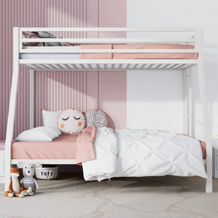 Twin Over Full Size Bunk Bed With Ladder And Guardrail, Heavy Duty Metal Slats Support, No Box Needed, Small Space Saving Furniture Bedroom Dorm, White