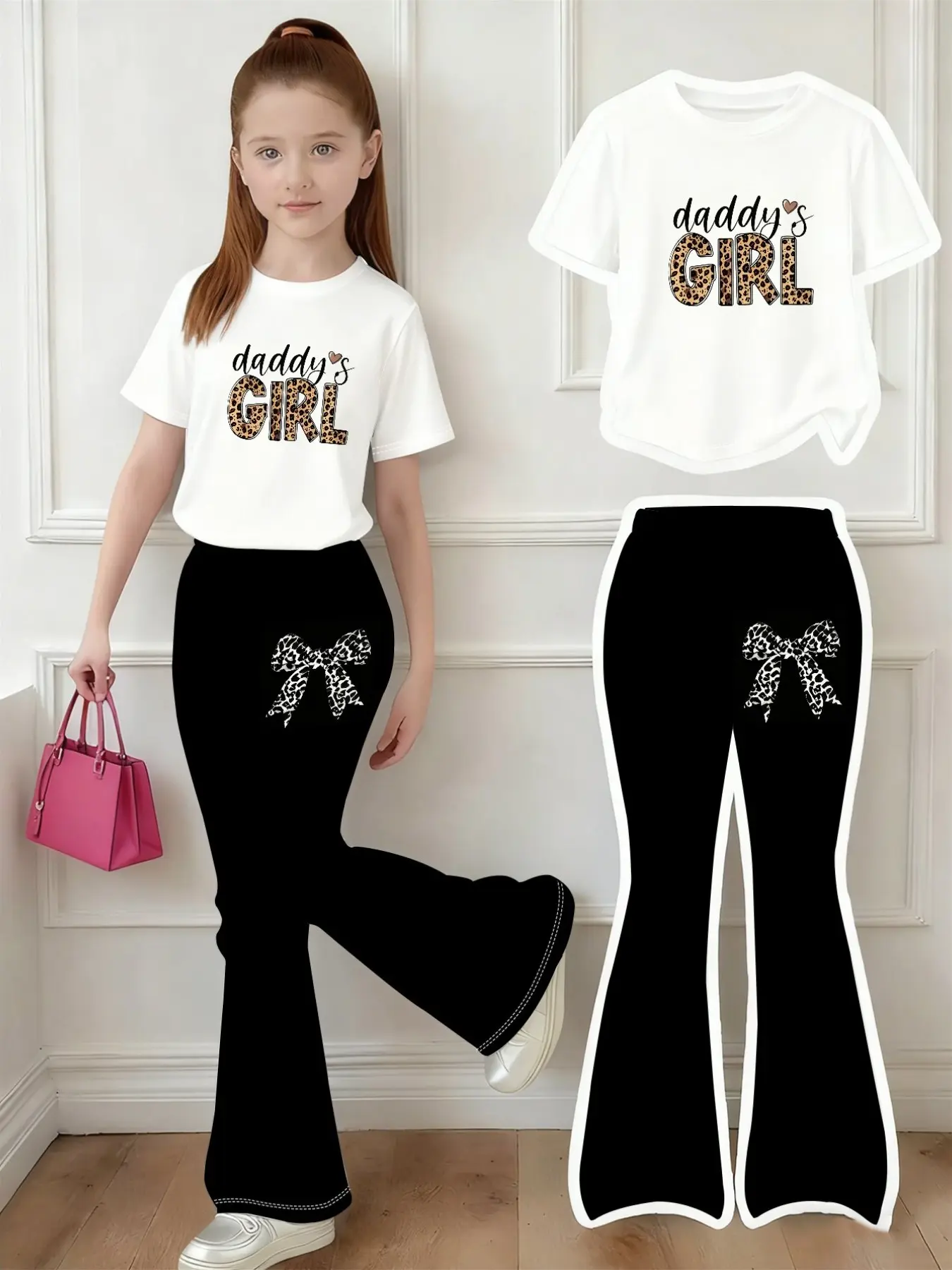 Girls' Short Sleeve T-Shirt + Bell Bottoms Set, Cute Print Casual Sportswear, Streetwear, Soft Stretch Fabric, Trendy Style, Cheetah Girls Outfits