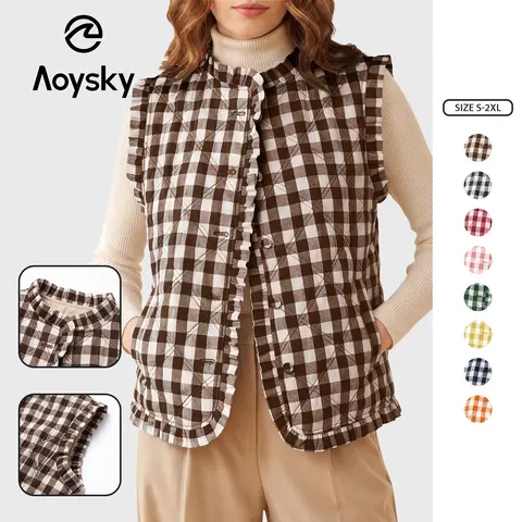 Aoysky Lady's Gingham Plaid Quilted Vest - Cotton Blend Tops for Women, Ruffled Trim Stand Collar, Button-Down Sleeveless Padded Waistcoat, Machine Wash Lightweight Layering Vests for Women, Fall Spring Casual Wear