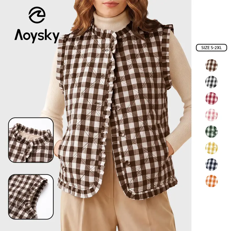 Aoysky Lady's Gingham Plaid Quilted Vest - Cotton Blend Tops for Women, Ruffled Trim Stand Collar, Button-Down Sleeveless Padded Waistcoat, Machine Wash Lightweight Layering Vests for Women, Fall Spring Casual Wear