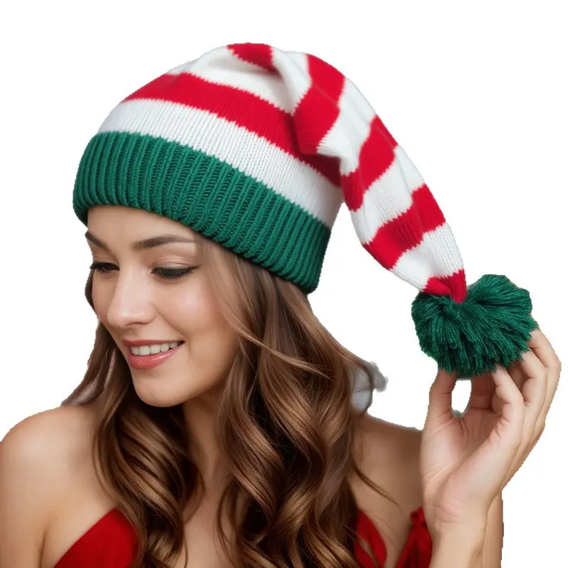 Unisex Family Friendly Red Green Striped Knitted Hat Classic Christmas Hat With Fluffy Pom Pom Top Color Block Cold Proof Warm Beanie Lightweight Stretch