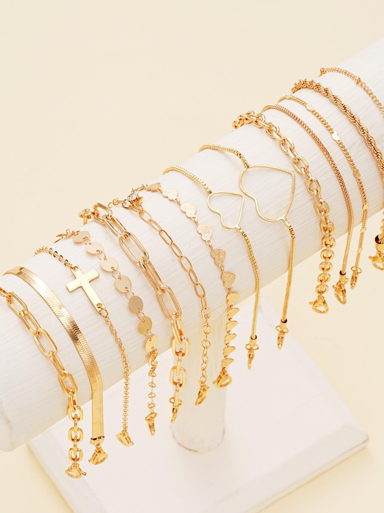 Women's Elegant Stackable Bracelets Set, 14pcs/set Cross & Heart Design Link Bracelet & Chain Bracelet, Fashion Casual Trendy Jewelry for Party, Daily Decor, Trendy All-match & Exquisite Jewelry for Birthday Gift