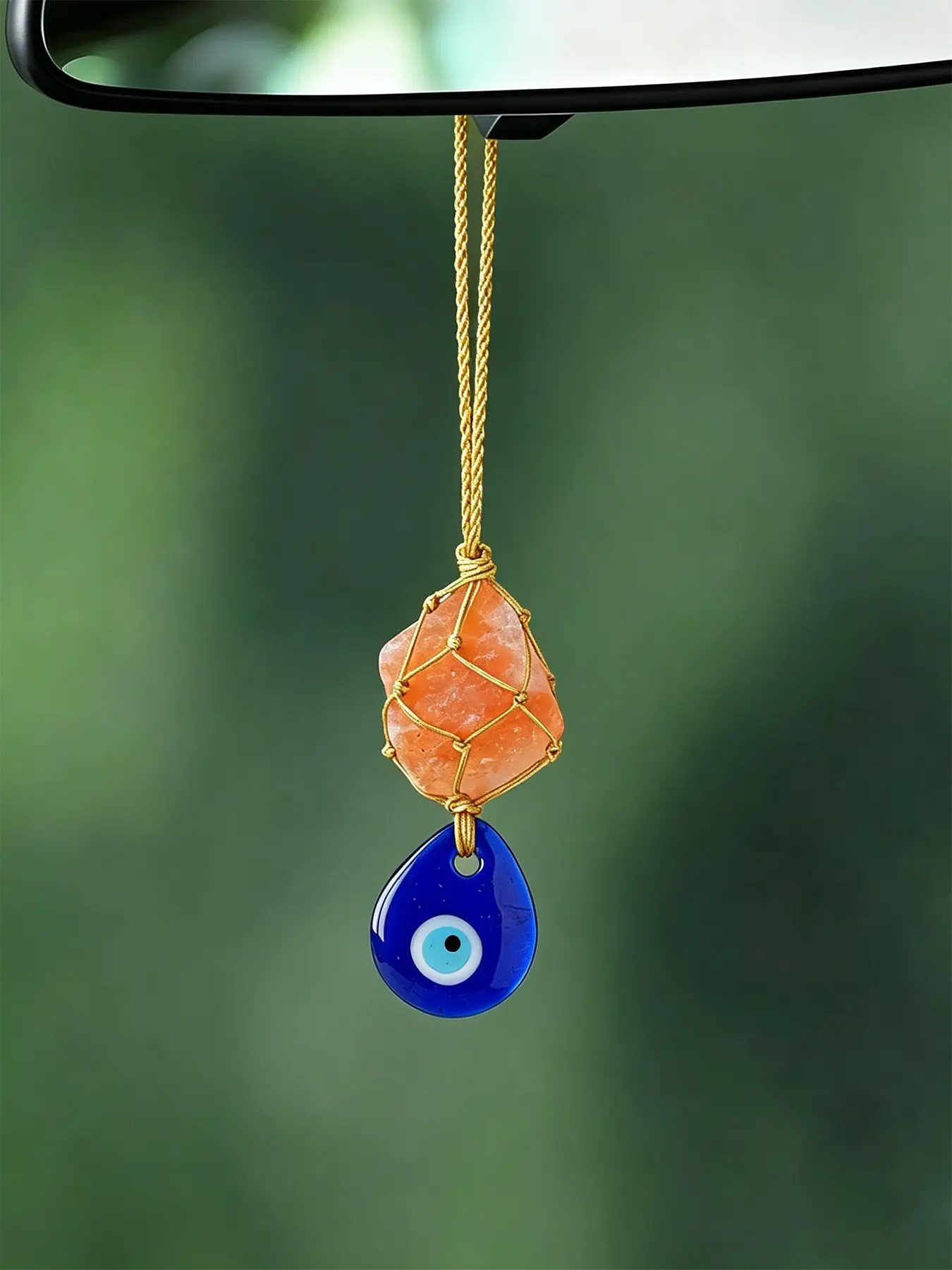 Natural Crystal Devil's Eye Car Hanging Decoration, Handmade Braided Stone Mirror Charm, Halloween Car Ornament Gift