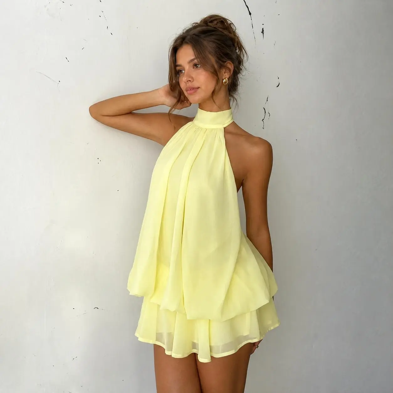 Women's Halter Neck Mini Dress, Backless Tie Neck Sleeveless Flowy Layered Swing Dress, Solid Color Summer Party Vacation Outfit, Casual Weekend Beach Dinner Dress for Women, S-XXL