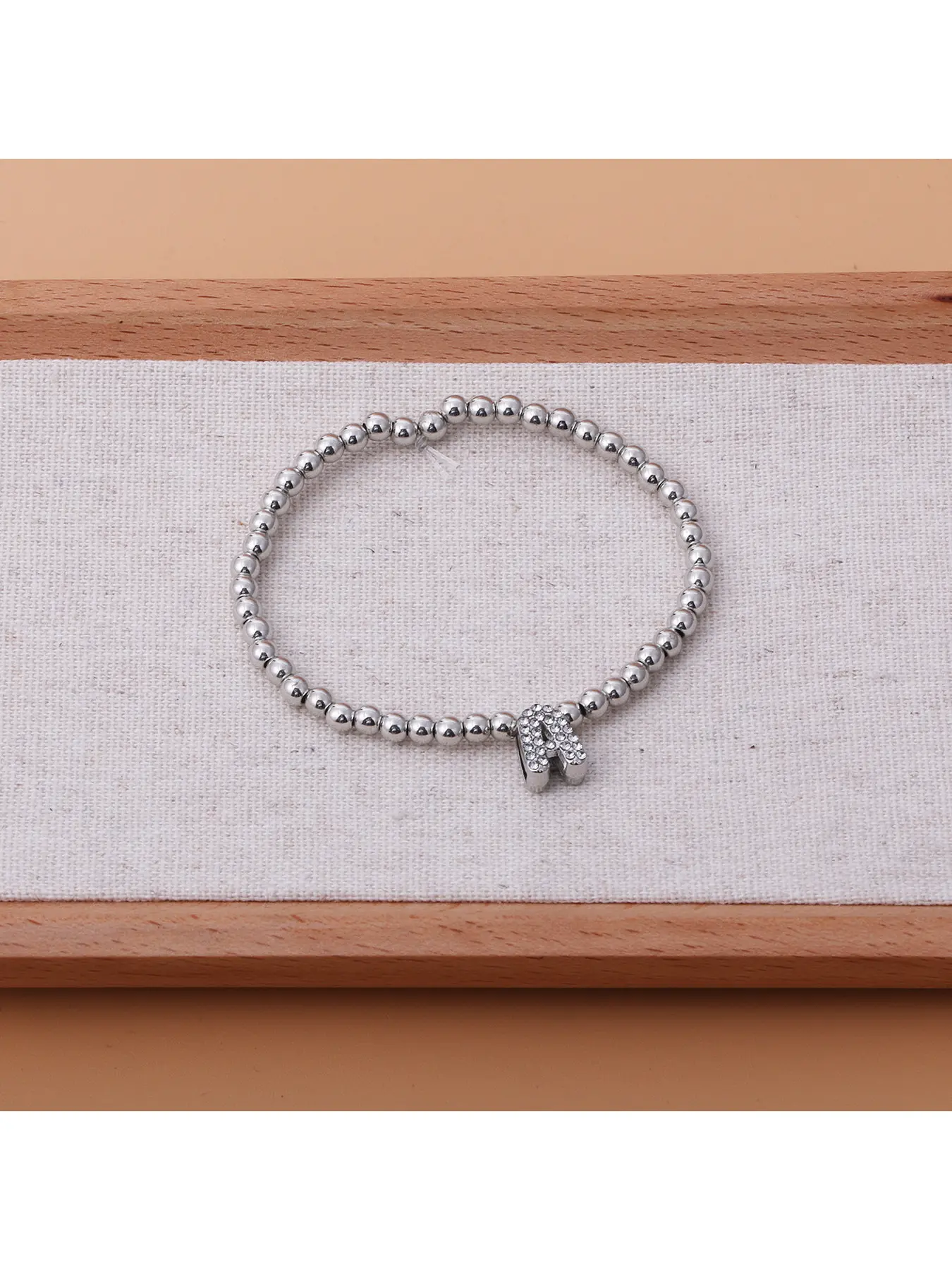 Silver Initial Beaded Stretch Bracelets for Women, Dainty Rhinestone A-Z Letter Heart Charm Stackable Bead Bracelet, Personalized Custom Name Initial Bracelet, Trendy Friendship Jewelry Gift for Girls Ladies