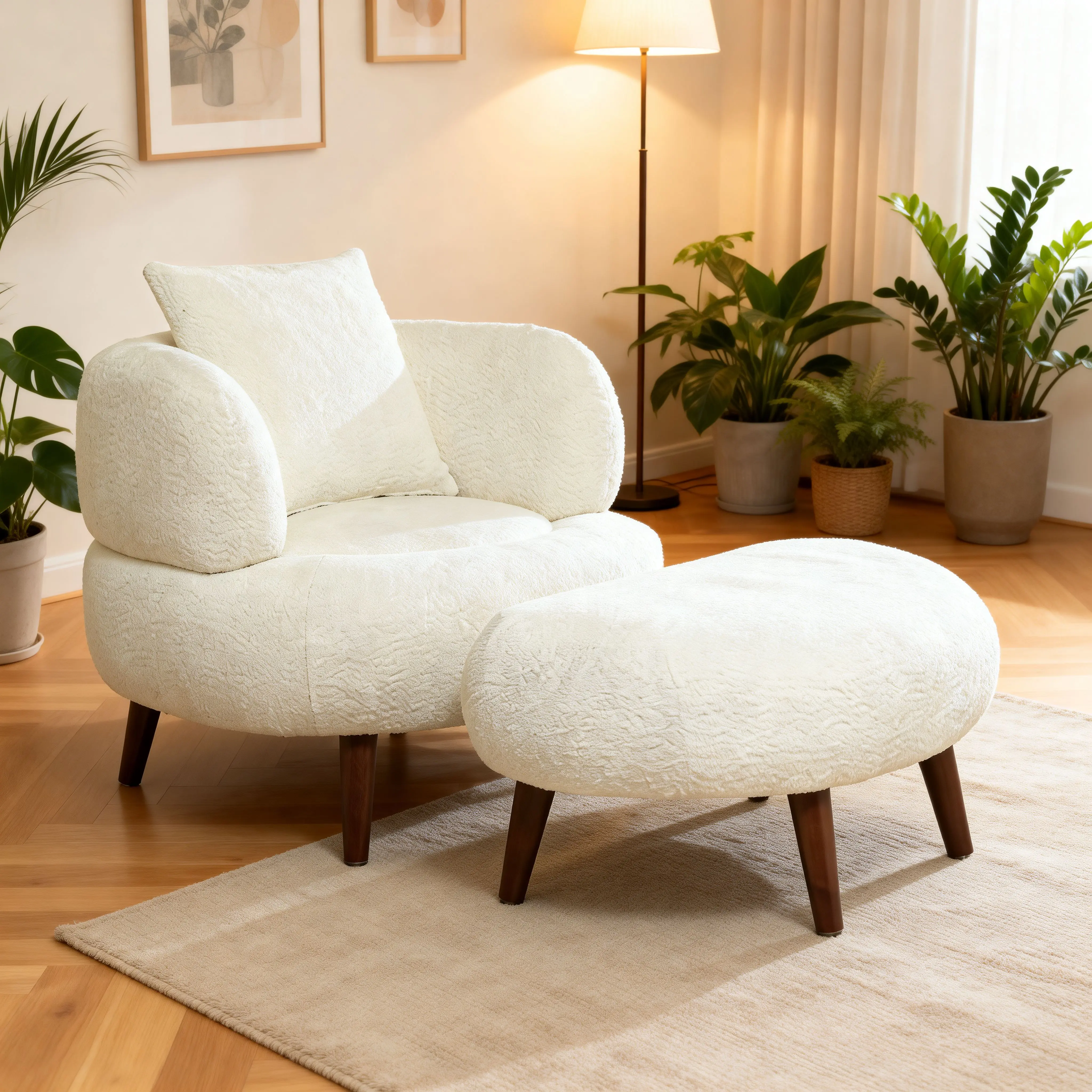 ARCH Nordic Style Lazy Club Chair with Ottoman 36 Inches Chenille Fabric Bucket Chair Soft Cushion with Pillow for Living Room Study Relaxation Room Antique White, Antique White Color Options, Fabric Material, American Design Style