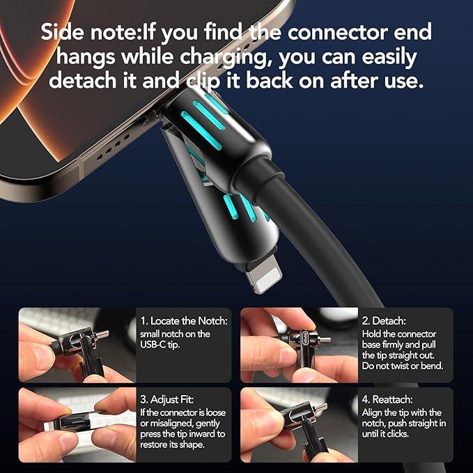 2-Pack 1M Black 4-in-1 High-Speed USB Charger Cables with Breathing Light - Universal Fit for iPhone 16/15/14/13/12/11 Pro Max, iPad, Samsung Galaxy, MacBook & Most Tablets