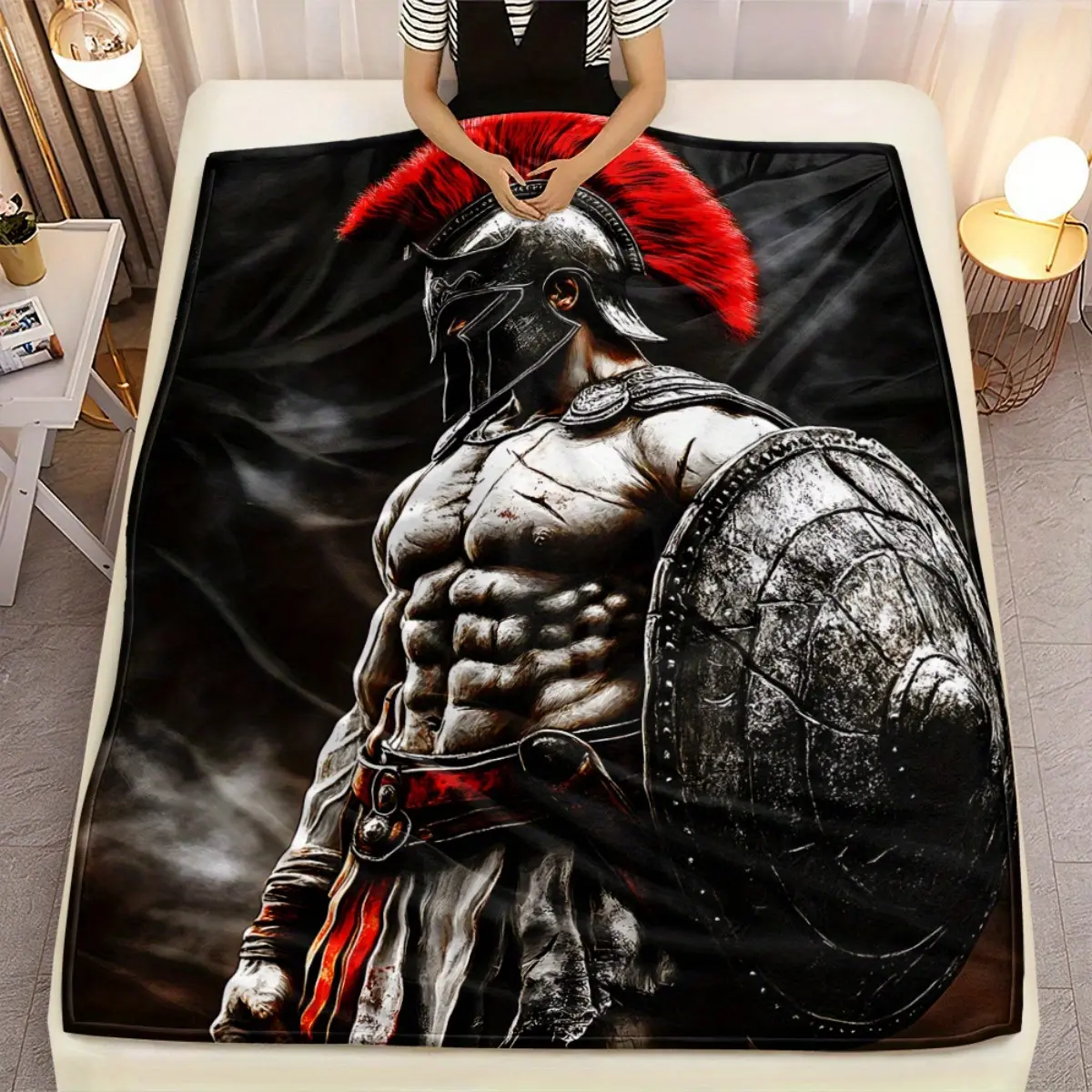 Ithaca Warrior Odyssey-Themed Graphic Print Fleece Throw Blanket, 30"x40"/40"x50"/50"x60"/60"x80", Anti-Static, Machine Washable, Fading-Proof, Dark Aesthetic, Men's Holiday Gift for Sofa Bed