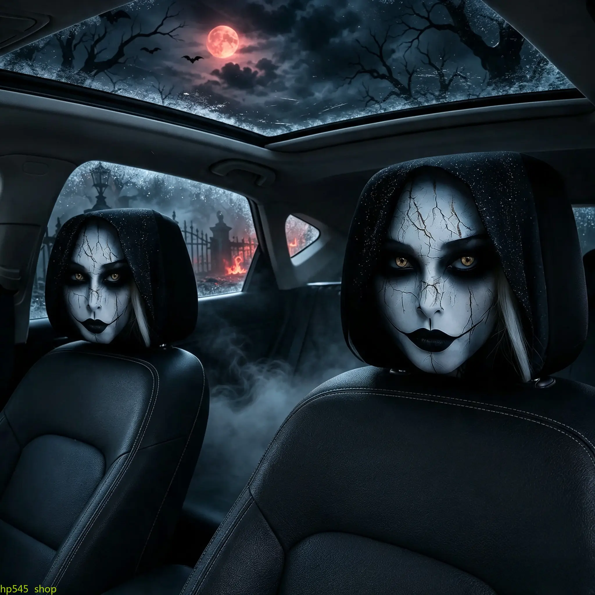 2026 New Double-Sided Printed Horror Woman Face Car Headrest Covers, Elastic Universal-Fit Creepy Ghostly Halloween Prank Auto Interior Accessory for Daily Driving (Bag Accessory for Luggage & Bags DIY Use)
