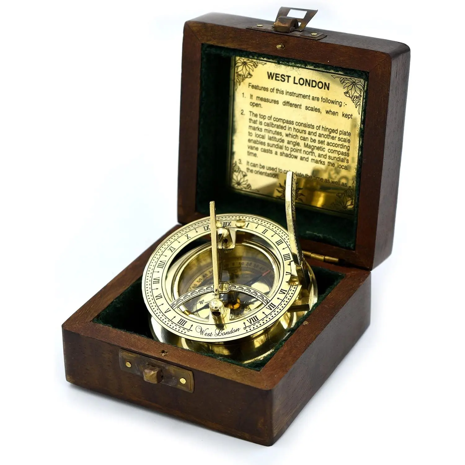 Antique Brass Sundial Compass with Wooden Box, Nautical Sundial Clock Gift, Ship Replica Decor