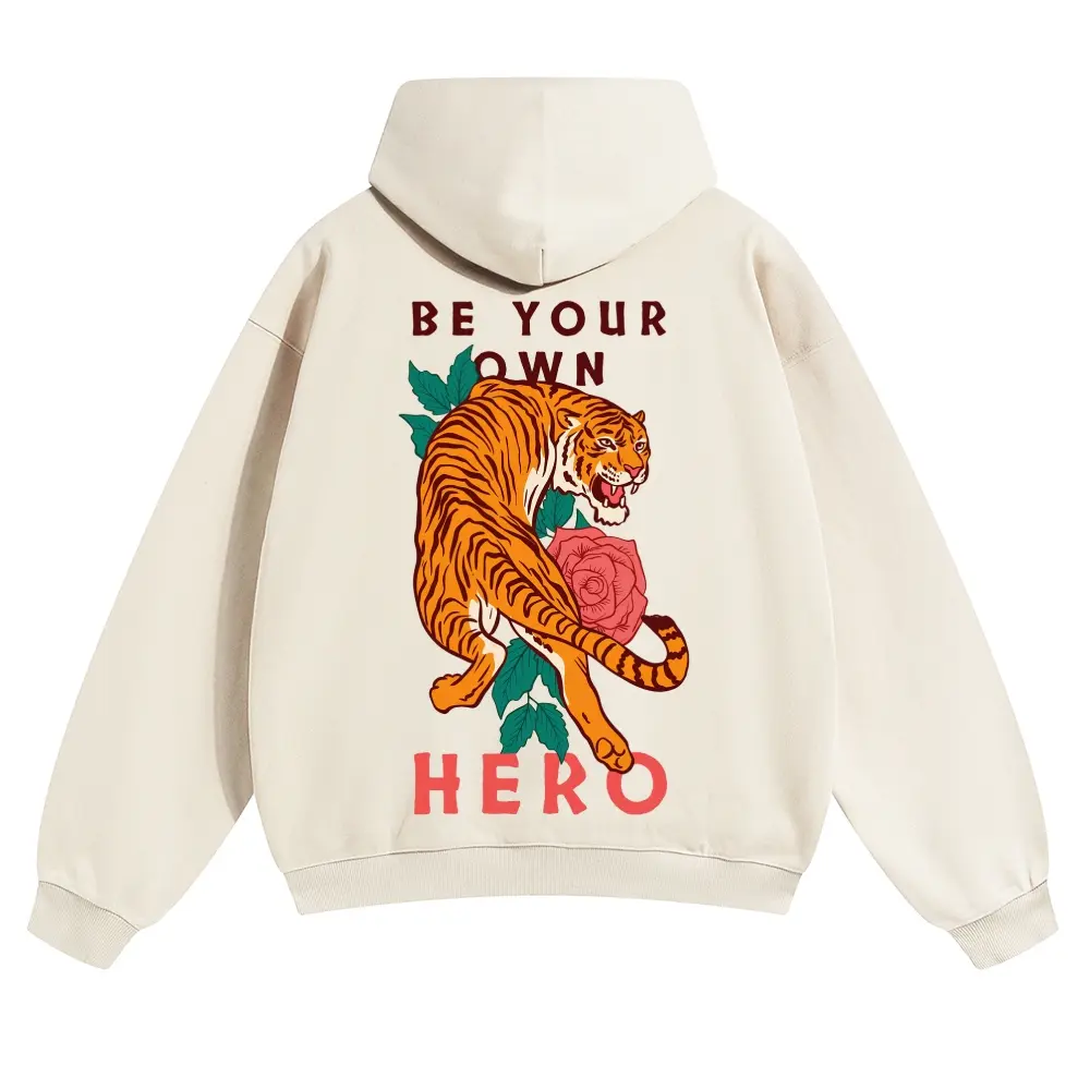 Unisex BE YOUR OWN Powerful Tiger, Roses and Leaves Graphic hoodie Personalized Pattern Y2k Clothing Round Neck hoodie,Women's Clothing 100% Cotton, Menswear, Top, Vintage Style,Summer Casual Oversized
