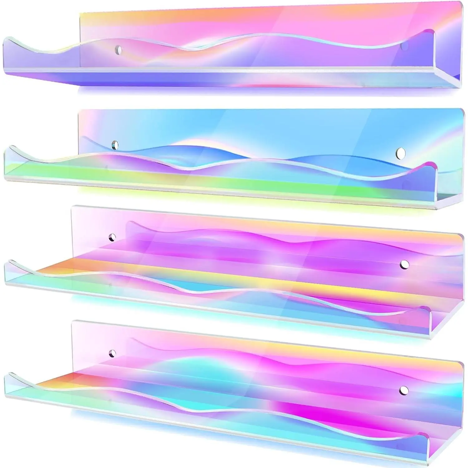 4 Packs Iridescent Acrylic Floating Shelves, 15.7Inch Display Shelf | Acrylic Invisible Shelf Wall Mounted Set up for Funko Pop Display Shelves Wall Ledge Bookshelf for Kids Room Bathroom Dorm
