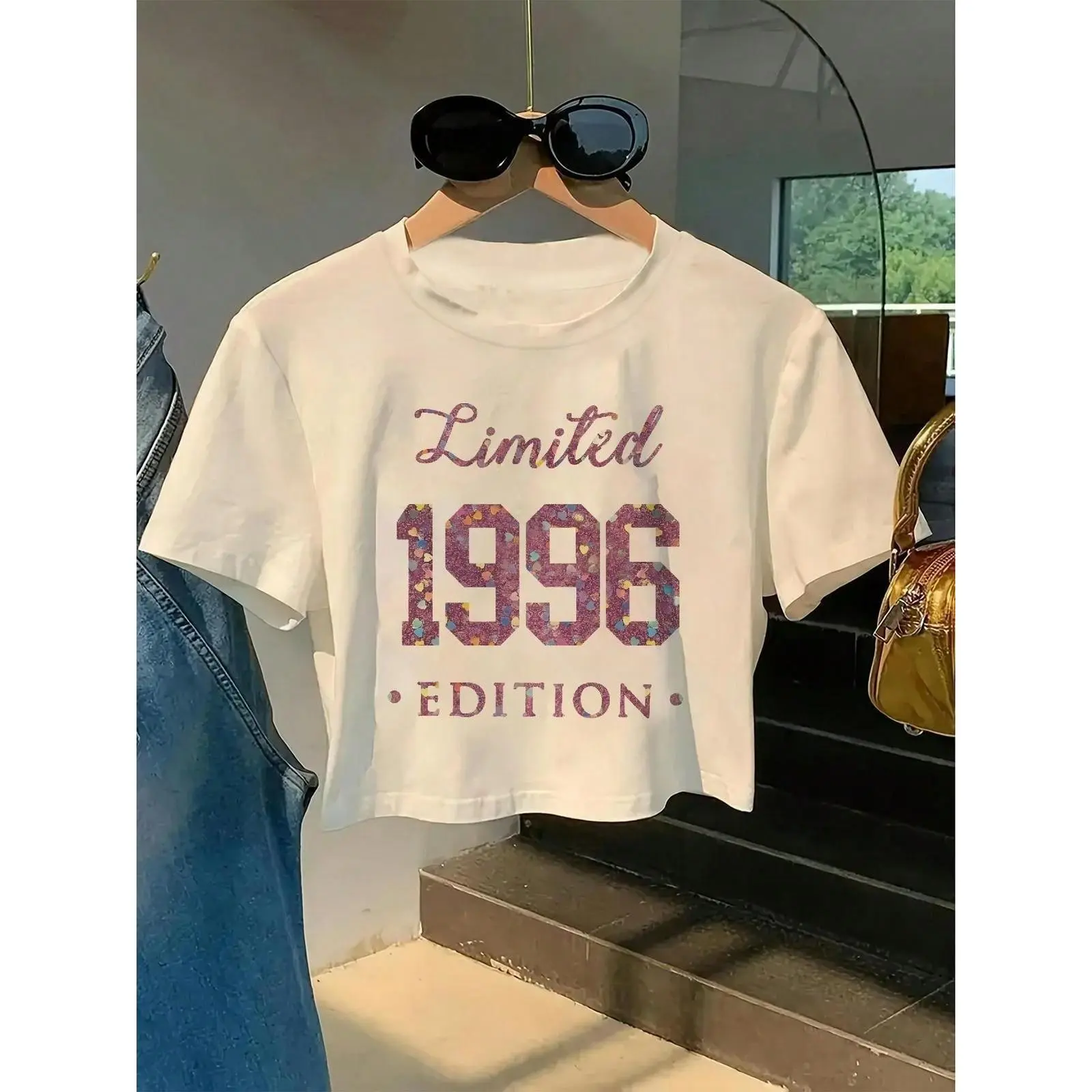 Y2K Vintage 1996 Limited Edition Cropped T-Shirt - White Short Sleeve Crew Neck Top With 1996 Number Print & B6 Size Chart - Casual Summer Beachwear, Retro 90s Inspired Outfit, Birthday Mother's Day Gift