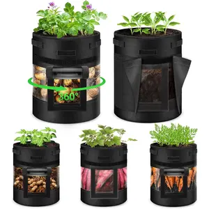 5 Pack 10 Gallon 360° Visible Potato Grow Bags with Shading Flap & Harvest Window – Heavy Duty 400g Non-Woven Fabric Potato Bags for Growing Potatoes with 10 Green Labels, Potato Growing Containers