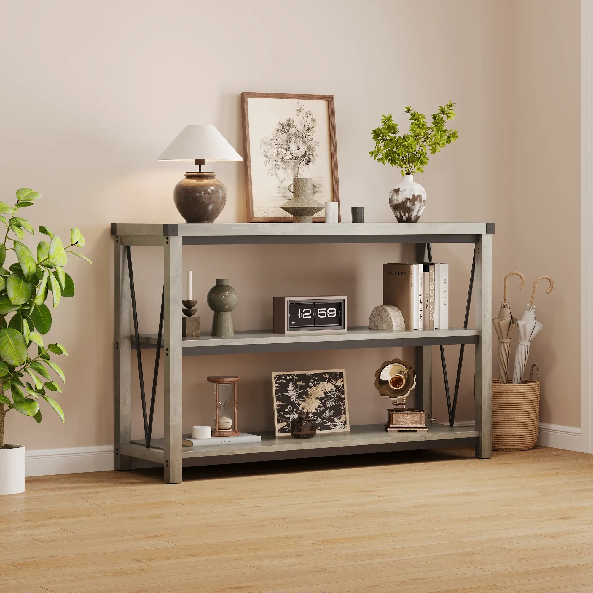 Garvee 47 Inch Farmhouse Console Table – Narrow 3-Tier Wood Sofa Entryway Table with Storage – Rustic Grey Accent Furniture for Living Room, Hallway, or Behind Couch