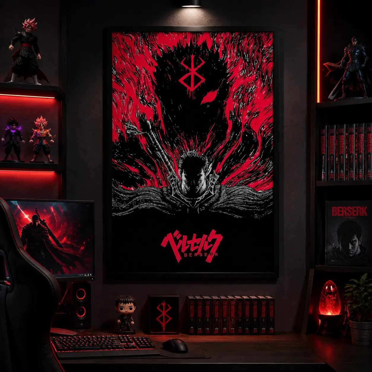 Berserk Guts Anime Canvas Poster, Red Black Dark Fantasy Manga Warrior Wall Art Print, Vintage Horror Room Decor for Bedroom Dorm Gaming Room, Anime Fan Boyfriend Gift