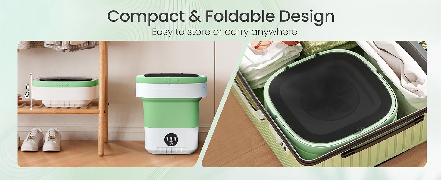 Portable Washing Machine - 16L Mini Foldable Washer with Spin Basket, 3 Cleaning Modes & Deep Cleaning for Small Clothes, Collapsible Laundry for Apartment, Home, Hotel and Travel (Green)