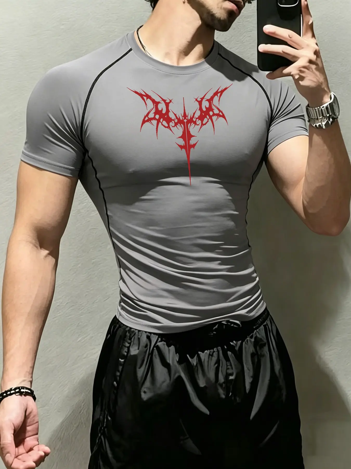 Streetwear Men's Black Athletic Workouts Compression T-Shirt Gothic Thorn Bone Wing Print Quick-Dry Breathable Slim Fit & Muscle Support Gym Training Tee Top Compression Sports Top