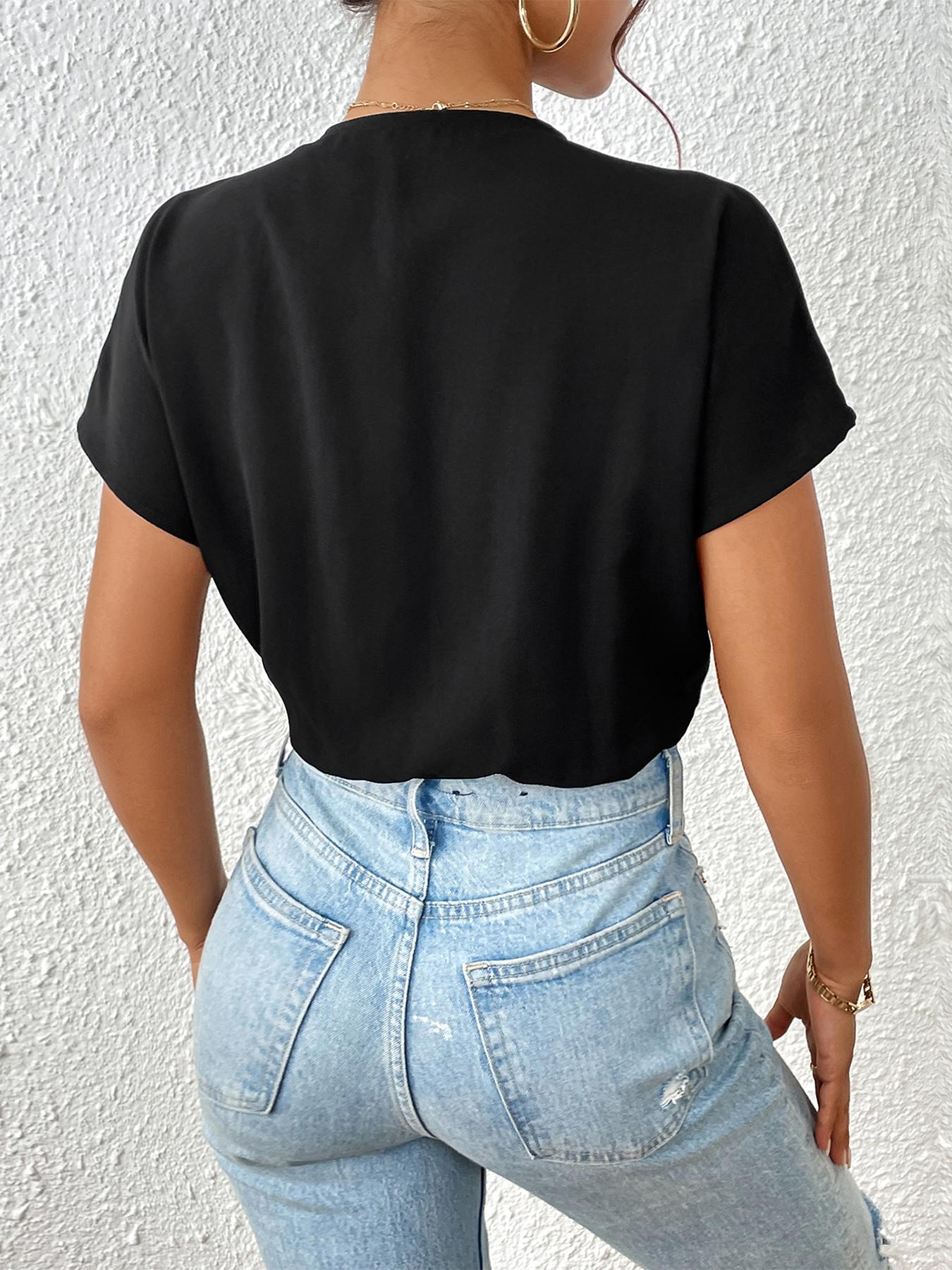 Women's Plain Basic Wrap Batwing Sleeve Bodysuit, Elegant Deep V Neck Short Sleeve Bodysuit, Women Summer Outfit for Daily Wear, Shortie Bodysuit